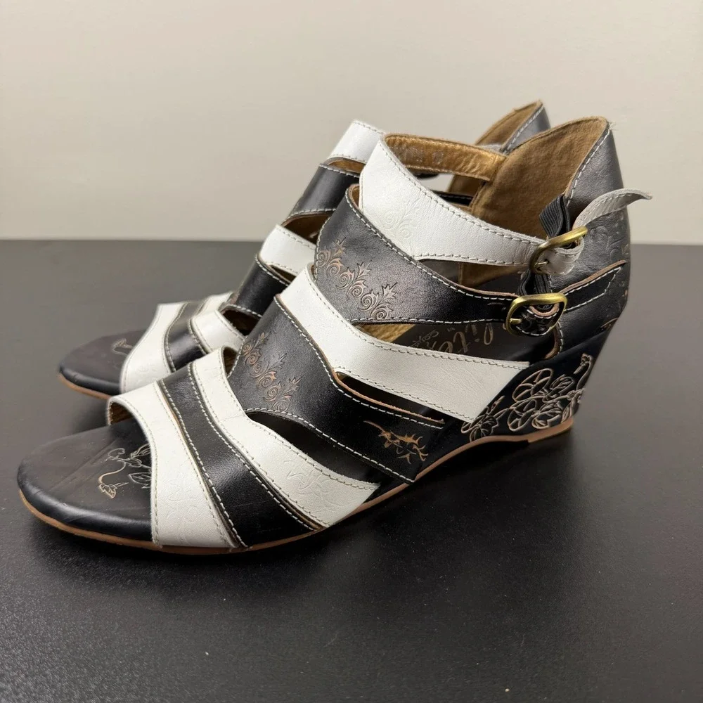 Elite by Corkys Wedge Sandals Women's 10 Black White Tooled Leather Career Dress